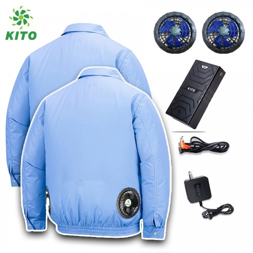 Combo 2 Áo Điều Hòa KITO Kaki Không Mũ Màu Xanh Dương, Pin 26.000mAh, Quạt 13V, Tặng 2 Túi Đá